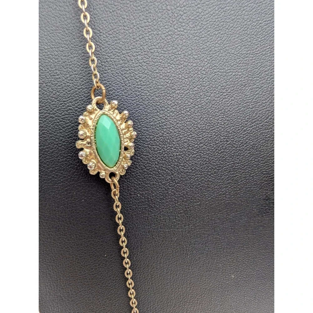 Gold Tone Long Station Necklace Green Marquise Faux Stone Cabochon Adjustable